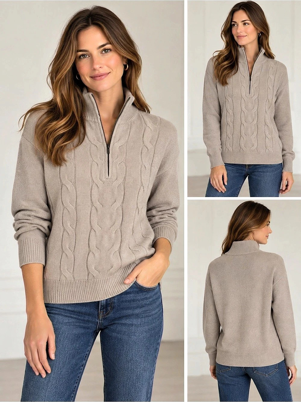 Tristan Cable Knit Quarter Zip Sweater in Taupe Like New